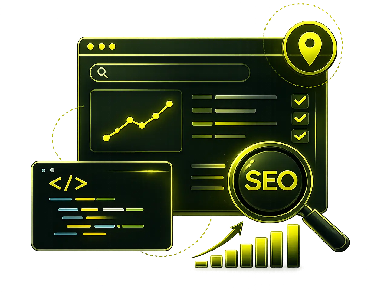 Illustration representing technical, on-page, and local SEO