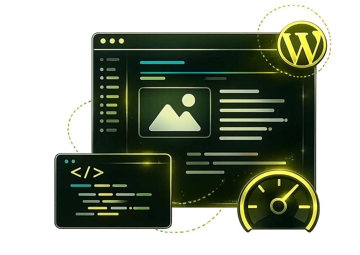 Illustration representing custom, WordPress, and WooCommerce web development